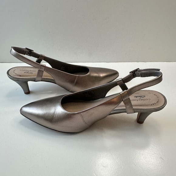 Clarks Linvale Loop Pewter Kitten Heels Pointed Toe Metallic Shoes Women Size 9 - Picture 10 of 10